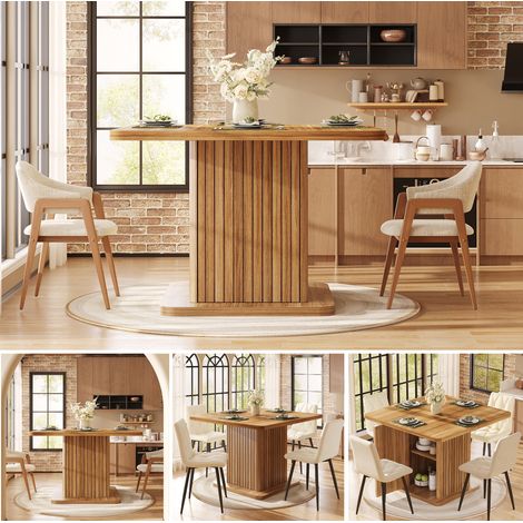Table de salle à manger carrée 80×80 cm, avec espace de rangement intégré et rayures verticales en relief, style moderne, aspect bois brun foncé (1/5)