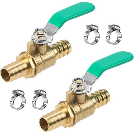 2 Pièces 12mm Vanne à Bille en Laiton, 2 Voies Robinet à Tournant Sphérique avec 4 Colliers de Serrage, Raccord de Tuyau Cannelé pour Contrôler Flux d'Air d'Eau d'Huile (1/5)
