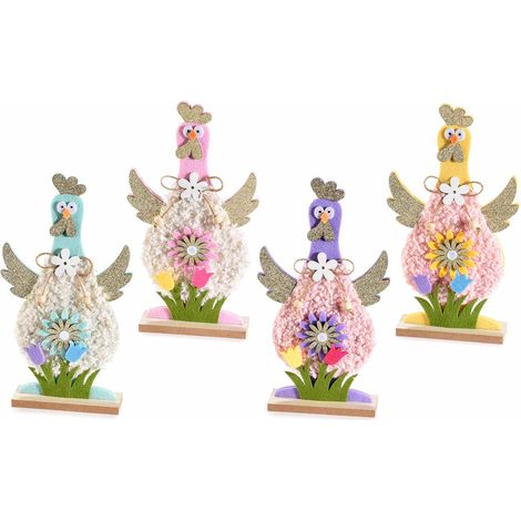 Gallinelle decorative in panno e legno con morbido rivestimento e fiori, set da 8 pezzi, cm 14,5 x 4 x 26 H
