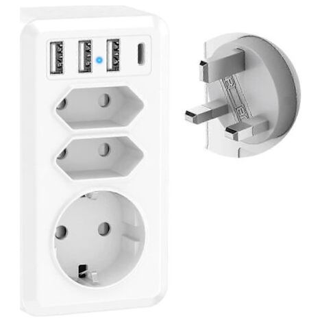 Adaptateur de voyage 7 en 1 avec 3 ports USB et 1 port USB-C - Adaptateur de prise Dubaï, Malaisie et Irlande (Type G) (1/5)