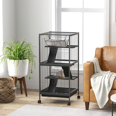 Cage en acier pour cobayes et chinchillas, 3 niveaux, roulettes et plateau amovible, grise (1/5)