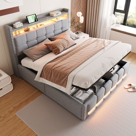 Polsterbett 160x200 cm mit Stauraum und LED-Beleuchtung, Doppelbett mit USB-Steckdose und hydraulischem Bettkasten, Leinenstoff Hellgrau (1/5)
