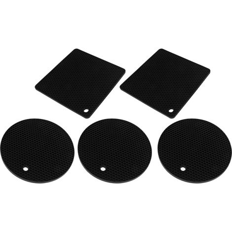 Lot de 5 dessous de plat en silicone, carrés et ronds, alvéolés, antidérapants et résistants à la chaleur, pour plaques de cuisson, poêles et casseroles, noirs. (1/5)