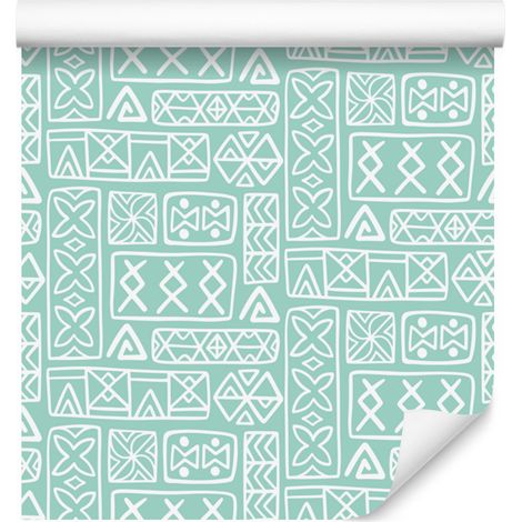Carta da parati con motivo geometrico polinesiano, menta e bianco, 50x1000 cm (1/5)