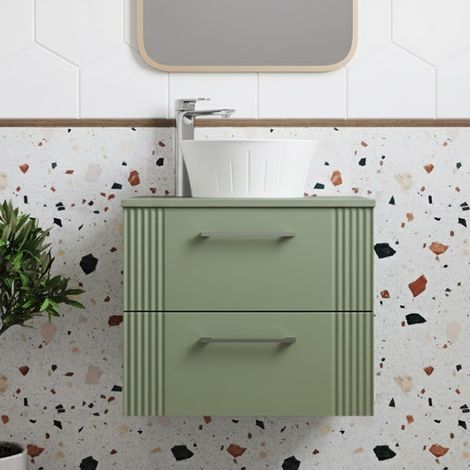 Nuie Deco Satin Green 600mm Wall Hung 2 Drawer Vanity Unit with Worktop - DPF893W (1/5)