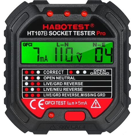 Testeur de Prise Avec Test RCD et Voyants,Testeur de Circuit Electrique,6 Types de Diagnostic D'Erreur,Courant Automatique Détecteur de Tension de Polarité,CAT ll 300V (1/5)