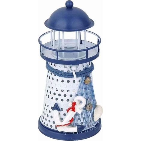 Portavelas de hierro con forma de faro pintado a mano de 13,5 cm, decoración con temática playera - Ancla de hierro (1/4)