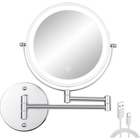 Miroir de maquillage mural avec lumières, 20,3 cm double face 1x/10x, miroir de rasage grossissant pour salle de bain avec 3 lumières de couleur, miroir cosmétique extensible rechargeable (1/5)