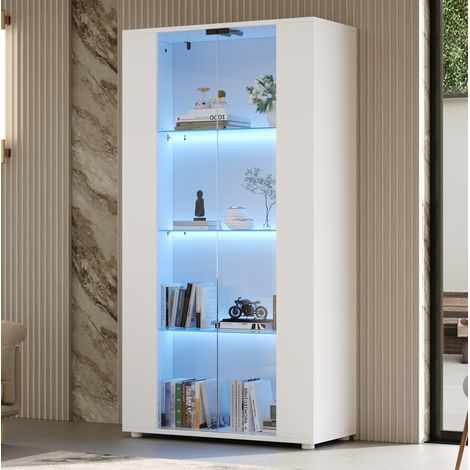 Vitrine avec 2 portes vitrées, 4 étagères, éclairage LED réglable, blanc HAVRYA (1/5)