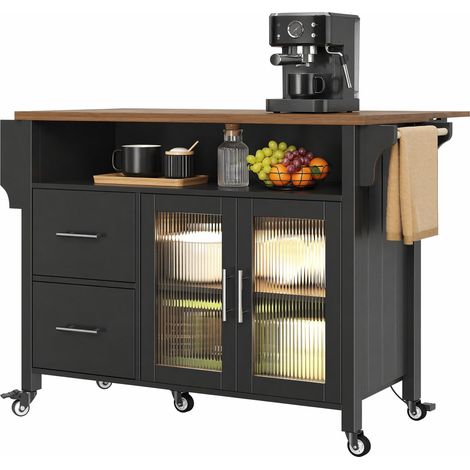 Îlot de cuisine avec plateau rabattable, chariot de service à roulettes, vitrines en verre, LED et rangement noir  CHICFURN (1/5)