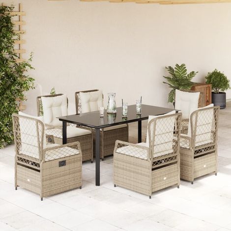 Ensemble repas de jardin 7 pièces en polyrotin avec table noire et 6 fauteuils beiges - PANGIVO (1/5)