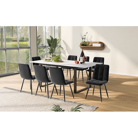 Ensemble salle à manger moderne, table extensible 140/180 cm avec 8 chaises grises, assise velours, plateau MDF blanc, pieds noirs, mobilier cuisine familial (1/5)
