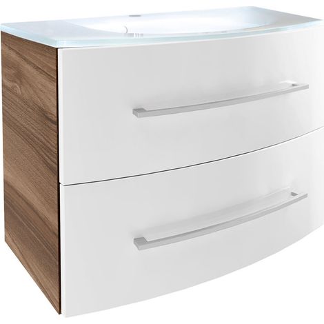 Fackelmann VERONA Badmöbel Set 2-teilig 80 cm breit, Braun Dunkel/Weiß Hochglanz, Glas"-"90323145 (1/5)