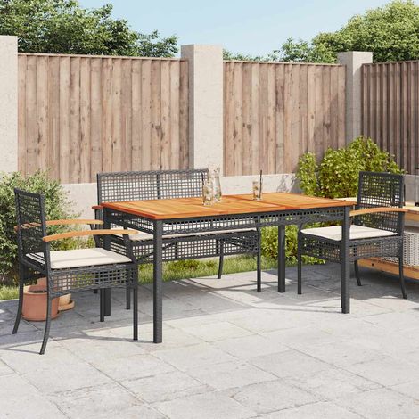 Ensemble repas de jardin 5 pièces noir en résine tressée avec table, 2 bancs, 2 chaises et coussins - PANGIVO (1/5)
