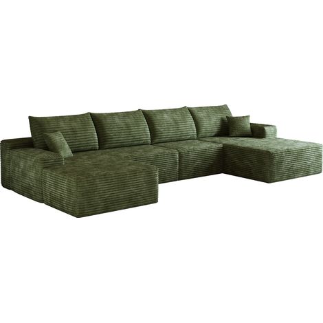 Sofá esquinero modular en L 340 cm verde de pana, sin montaje, con chaise longue (1/5)