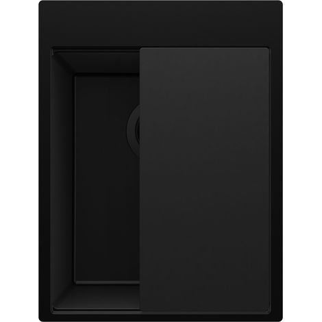 PRIMAGRAN Evier Cuisine en Granit 38x50cm,Lavabo 1 bac + Kit de Vidage + Planche à Découper, Évier à Encastrer au meuble 40cm - Oslo, Tout Noir (1/5)