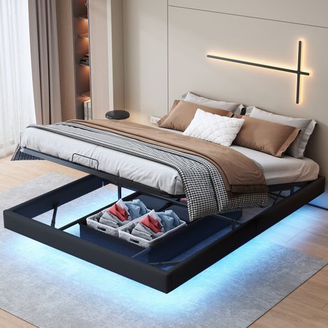 Letto con contenitore 160x200 cm, senza testiera, illuminazione LED, letto effetto flottante, PU, rete a doghe in legno massiccio - Nero