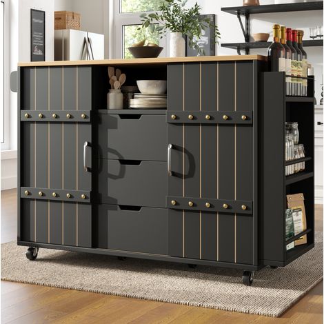 Mueble de cocina con ruedas y encimera abatible, MDF negro HAVRYA (1/5)