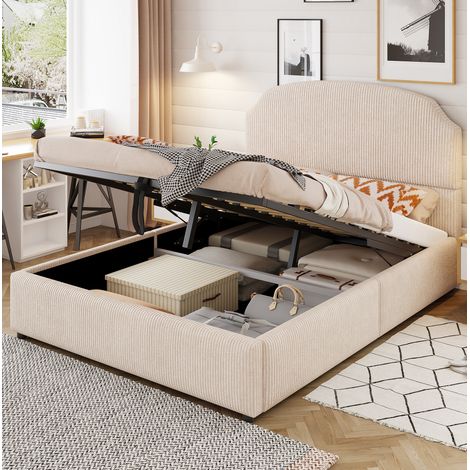 Letto con contenitore imbottito beige 140x200 cm, tessuto rigato, testiera ampia, rete a doghe inclusa (1/5)