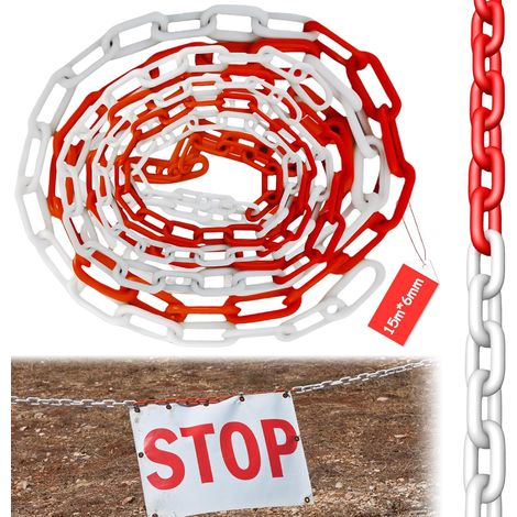Chaîne de signalisation, en plastique, rouge, blanc, 15 m x 6 mm, pour la sécurité d'avertissement, de parking, de construction, de surfaces (1/5)