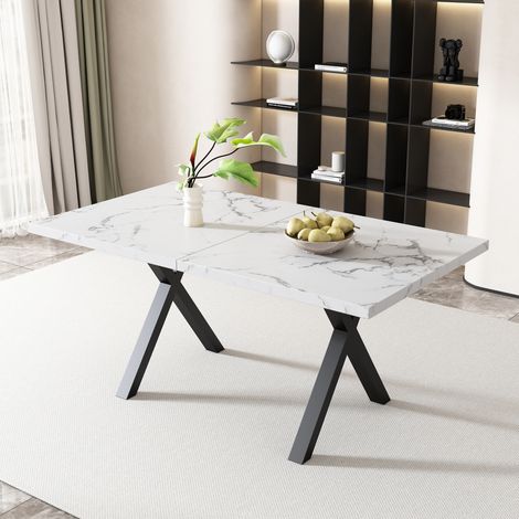 Table à manger moderne MDF effet marbre blanc avec piètement croisé en métal noir (1/5)