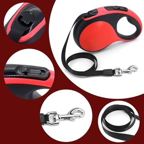 Laisse rétractable pour Chien, Lampe de Poche LED, Support Sac à déjections Canines, Laisse de Dressage Automatique pour Chien (Rouge) (1/4)
