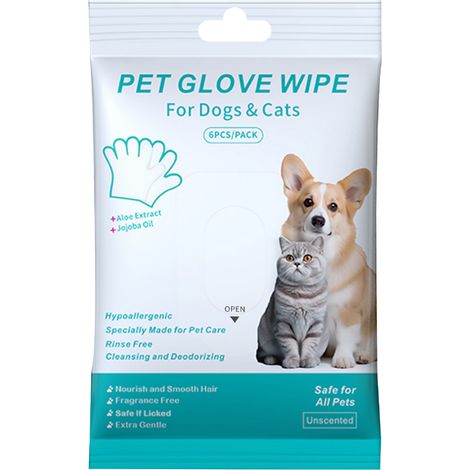 Lingettes/gants pour animaux, adaptés aux chats et aux chiens, nettoyage pratique, sans rinçage, propres, doux et respectueux de la peau, lot de 6 (réf. 00019453) (1/5)