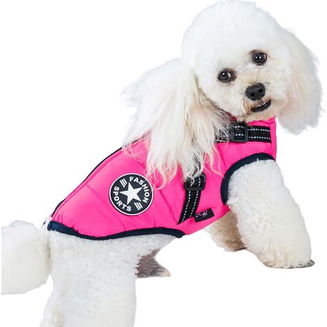 Manteau/veste d'hiver pour animaux de compagnie, convient à toutes les races de chiens, coupe-vent et imperméable, avec fermeture éclair et bandes réfléchissantes, harnais inclus, rose rouge (taille X (1/5)