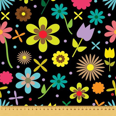 Tela decorativa para exteriores tipo oxford - motivo de flores coloridas sobre fondo negro (1/5)