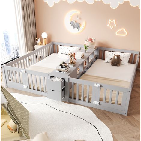 Letto per bambini 90x200 cm in legno grigio con doppio posto letto, scaffale centrale e 2 cassetti