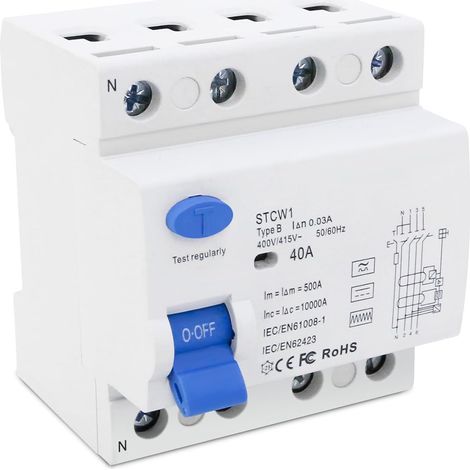 Disjoncteur Différentiel 40A 30mA, Interrupteur Différentiel Type B 3P+N Protecteur de Fuite Électrique, Protection contre les Surcharges (1/5)