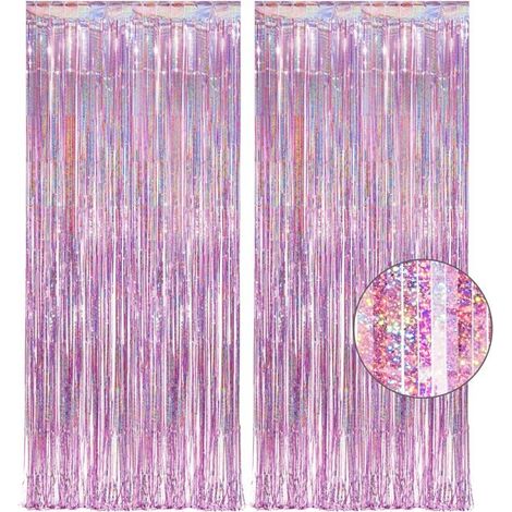 2 paquets de rideaux roses métallisés -Ruban de décoration de fête lumineux à pompons en feuille d'aluminium pailletée (1/5)