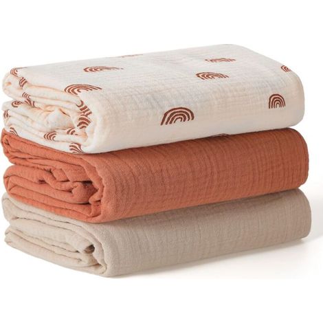 Couverture d’Emmaillotage pour Bébé, Grand Lange Bebe 100x100cm, Ultra Doux et Absorbant pour la Peau Mousseline Couverture pour Bébé Fille et Garçons, Lot de 3, Arc-en-Ciel (1/5)