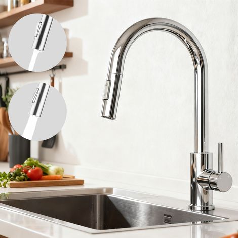AICA Säulenbrause-Wasserhahn Chrom Zwei Wasserauslassmodi Küche Mischbatterie Ausziehbar 360° Drehbar Einhand-Spültischarmatur Küchenarmatur (1/5)