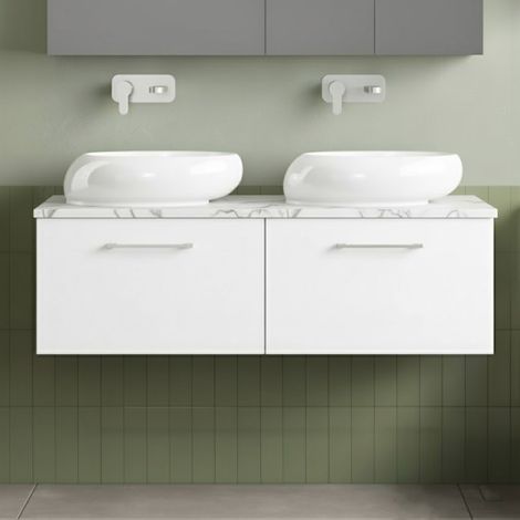 Nuie Arno Wall Hung 2-Drawer Vanity Unit with Carrera Marble Worktop 1200mm Wide - Gloss White (1/5)