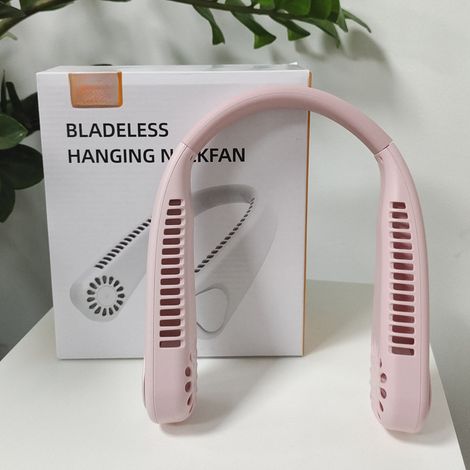 Ventilador de cuello portátil sin aspas, recargable en casa, compatible con USB, modelo F200. Caja rosa. Marca propia.
