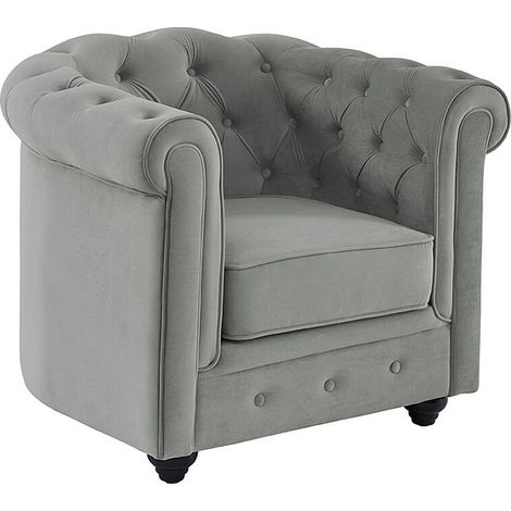 Vente-Unique – Fauteuil Chesterfield 1 place en velours gris clair – Dossier capitonné – Structure bois – Charge max 120 kg – Déhoussable