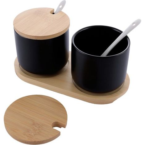 Lot de 2 récipients de rangement en céramique 260 ml, pots à sel et épices avec cuillère et couvercle en bambou, pots avec couvercle pour thé, sucre, sel et épices, noir (1/5)