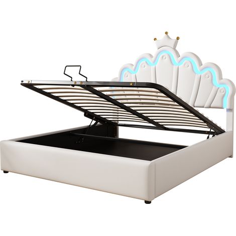 Cama con almacenaje tapizada 140 x 200 cm blanca con cabecero corona y LED (1/5)
