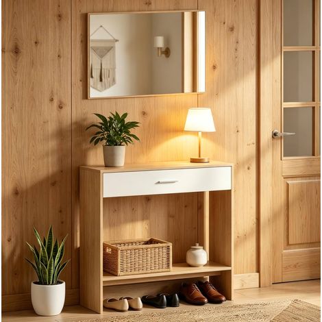 Console d'entrée avec miroir, 91,5 x 27,9 x 85,5 cm, coloris chêne et blanc HAVRYA (1/5)