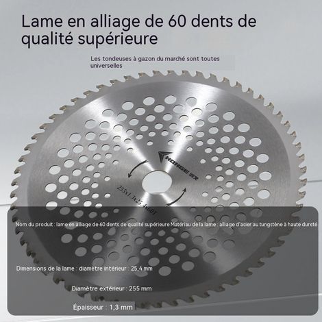 Lame de débroussailleuse premium en carbure 60 dents avec trous, diamètre 255mm alésage 25.4mm épaisseur 1.3mm, disque de coupe-herbe alliage haute qualité, coupe fine universelle