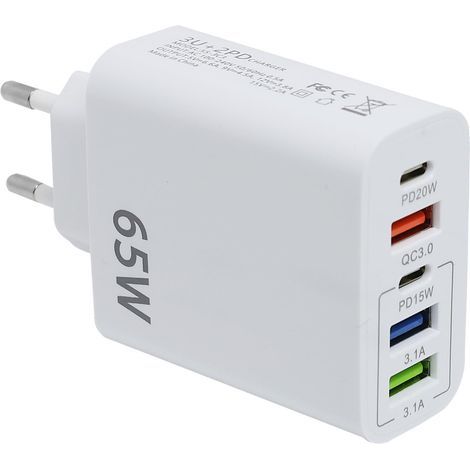 Chargeur USB C Rapide, 65W 5-Port Prise USB Multiple, Chargeur Rapide QC3.0 Multi Adaptateur pour i-Phone 14/13/12/11/XS/X, SAMS-ung Galaxy S23 S22 S21