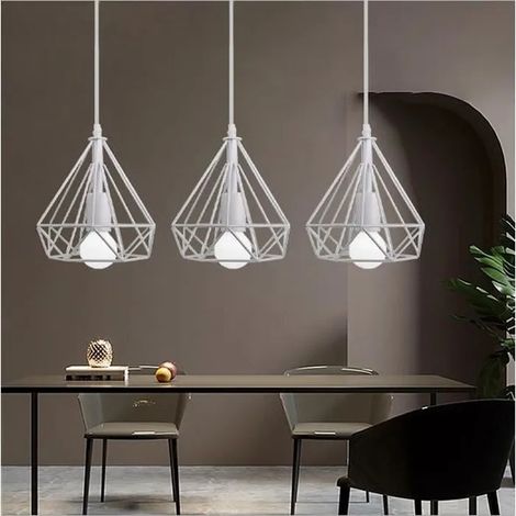 3PCS Lustre Suspension Luminaire Industrielle en Diamant Cage Blanc Plafonnier Vintage en Fer Forge pour Salon Chambre (1/4)