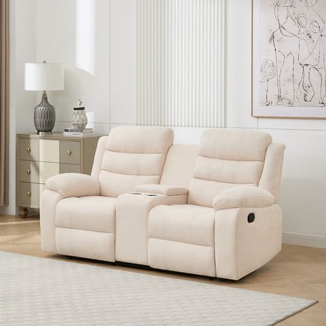 BOSTON 2 SEATER MANUAL FABRIC RECLINER w DRINKS CONSOLE SOFA BEIGE (1/5)