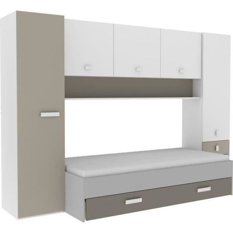 Les Tendances – Lit gigogne enfant avec rangements – Décor blanc/argile – Dimensions 90 x 200 cm – Structure en panneaux de particules (1/3)