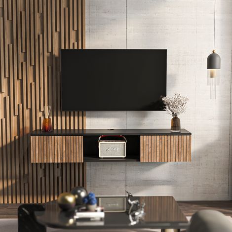 Meuble tv mural elia flottant 140 cm - armoires - passe-cable (noir et effet alina)