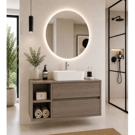 Mueble de baño con encimera de madera y lavabo sobreencimera ORIGENBATH ZEUS sin espejo 90x45 cm izquierda Roble smoky