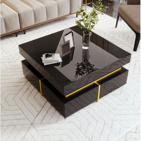 Couchtisch 70x70x35,5 cm Schwarz Hochglanz, 2 Schubladen, Holzwerkstoff, Goldakzente (1/5)