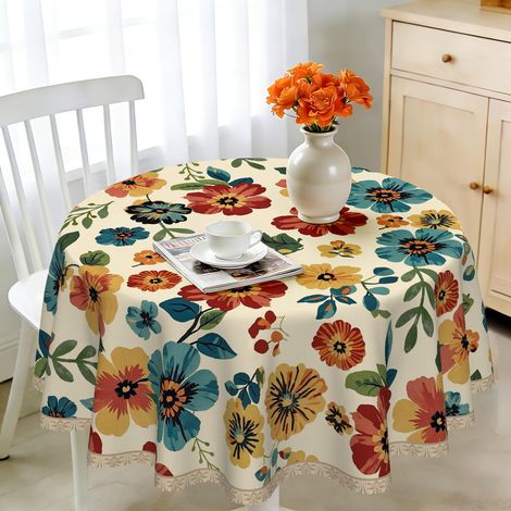 Nappe ronde, 140 cm, résistante aux intempéries, lavable, en polyester, motif fleurs sauvages, pour extérieur, jardin, cuisine, salle à manger, balcon, pour 4 à 6 personnes, imperméable et longue (1/5)