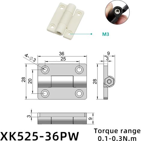 (XK525-36PW) 2 charnières à clapet pour porte pliante, amortisseur de torsion, en plastique et alliage de zinc, butée de positionnement réglable, tampon de couple (1/5)